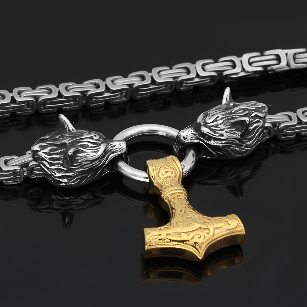 Men's Stainless Steel Wolf Head Pendant Viking Amulet Necklace
